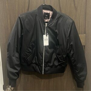 Mango NWT! Cropped Satin Bomber Jacket in Black.